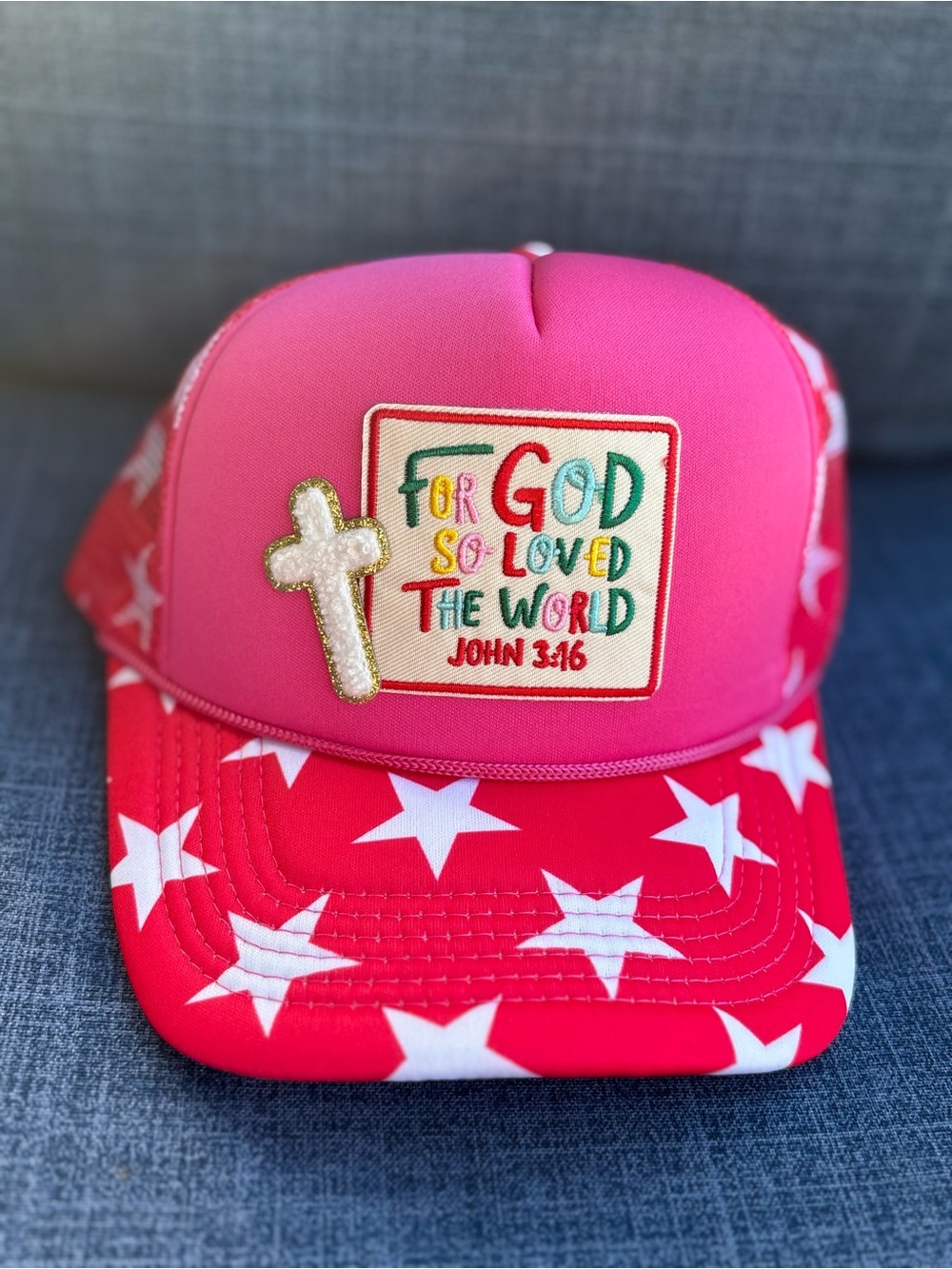 ⭐️Pink & Red Faith Trucker Hat with John 3:16 Patch